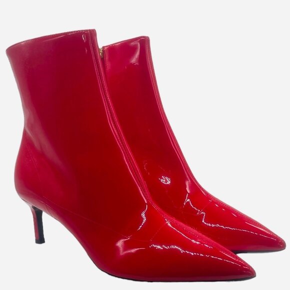 NEW Via Spiga 7 Baronne Pointed Toe Kitten Heel Booties Patent Leather Tango Red - Picture 3 of 9